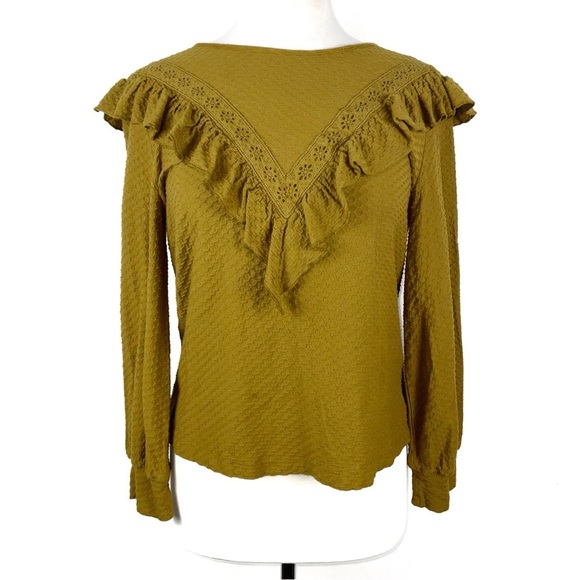 J. Crew Tops - J. Crew Knit Honeycomb Olive Ruffle Blouse Top Bishop Sleeve | Size S